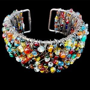 Handmade Cuff Boho Bracelet Bangle With Multi Colored Beads